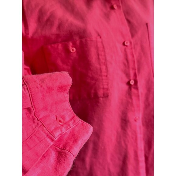 Vintage Pink Button-Up Linen Blend Shirt with Collared Neck & Chest Pockets - Picture 3 of 11